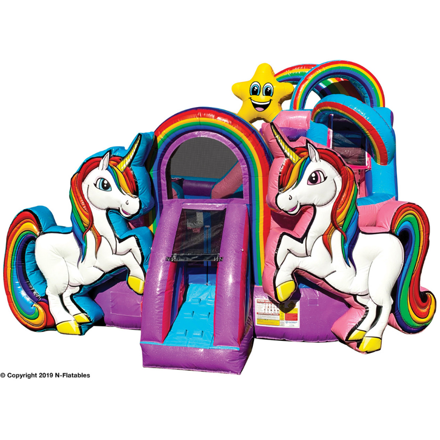 unicorn bounce house, unicorn combo unit, inflatable water slide