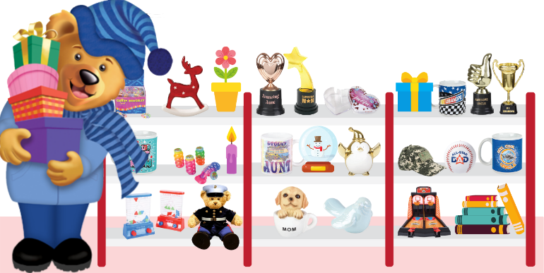holiday gift shop shelves, gifts
